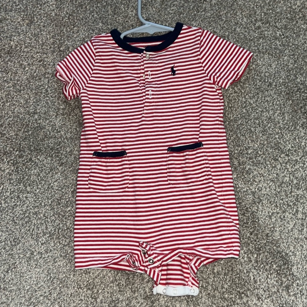 Baby polo onsie red white and navy blue great used condition. As is 9m